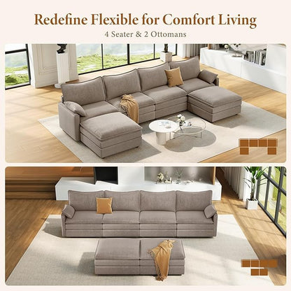 Vesgantti 142" U Shaped Sectional Couch, Comfy Cloud Modular Sectional Sofa with 2 Ottoman Deep Seat Chenille Modern Cloud Sofa, Modular Sofas for Living Room, Bedroom and Apartment, Light Brown