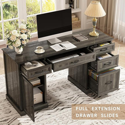 CARPETNAL 58'' Farmhouse Executive Desk with Drawers, Home Office Desk with File Drawer and Storage Cabinet, Rustic Computer Desk for Working, Studying, Writing, Grey
