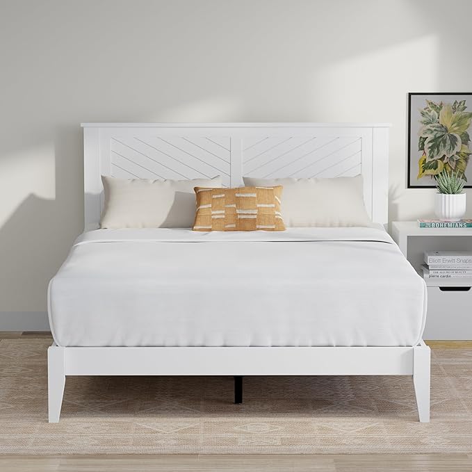 Serene Farmhouse Style Wood Bed in Queen Size with Chevron Scoring Headboard, Coastal Modern Design, Sturdy, Easy Assembly, Ample Underbed Storage, White Finish