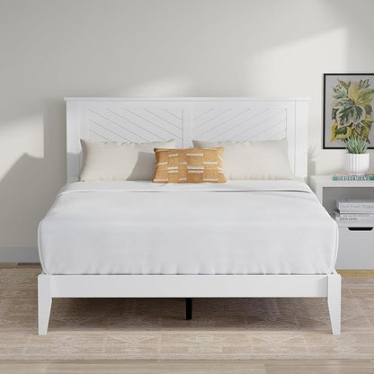 Serene Farmhouse Style Wood Bed in Queen Size with Chevron Scoring Headboard, Coastal Modern Design, Sturdy, Easy Assembly, Ample Underbed Storage, White Finish
