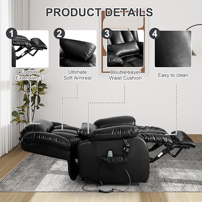 EDILLY Large Lift Chair Recliner, Genuine Leather Dual Motor Recliners Chairs for Elderly, Heating and Massage for Seniors, Double Lumbar Cushions and Extended Footrest, USB/Type-c Port(Black)