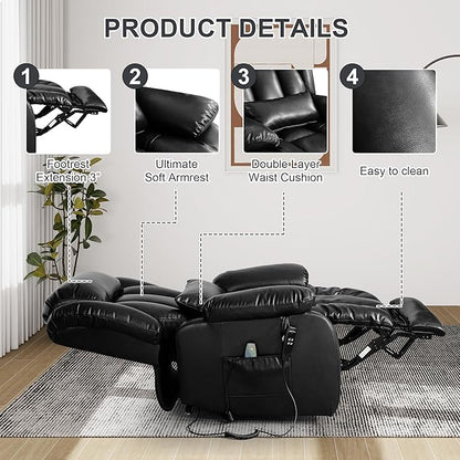 EDILLY Large Lift Chair Recliner, Genuine Leather Dual Motor Recliners Chairs for Elderly, Heating and Massage for Seniors, Double Lumbar Cushions and Extended Footrest, USB/Type-c Port(Black)