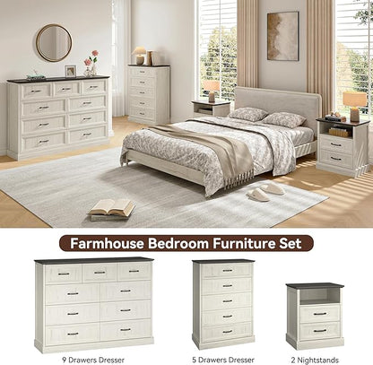 Farmhouse Dresser and Nightstand Sets, 4Pcs Bedroom Furniture Set, Nightstand Set of 2 & 55" Wide 9 Drawer and 44" Tall 5 Drawer Dresser with Large Drawers & Bar Handles, White
