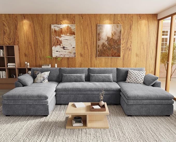 Belffin Large Modular Sectional Sofa with Double Deep Chaise, 135" Corduroy U Shaped Sectional Couch with 9" Soft Dual-Layer 6 Seats U Shaped Couch for Living Room, Apartment, Light Grey