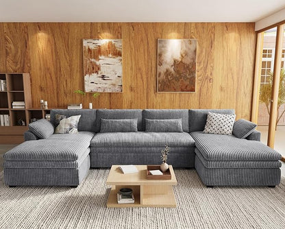 Belffin Large Modular Sectional Sofa with Double Deep Chaise, 135" Corduroy U Shaped Sectional Couch with 9" Soft Dual-Layer 6 Seats U Shaped Couch for Living Room, Apartment, Light Grey
