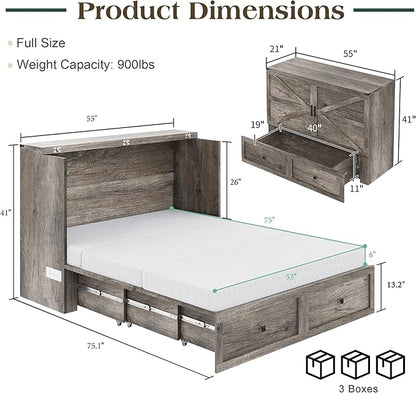 Full Murphy Bed with 6" White Tri-Fold Memory Foam Mattress, Storage Drawer & Charging Station, Space-Saving Design for Home Office or Guest Room, Rustic Grey