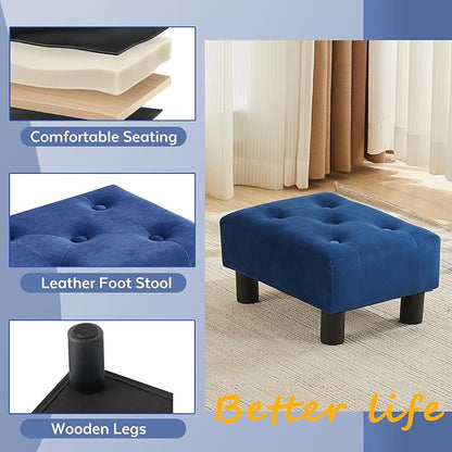 Small Foot Stool Ottoman, Velvet Footstool Ottoman Foot Rest for Couch, Rectangle Footstools and Ottomans Small for Living Room, Entryway and Bedroom (Blue)