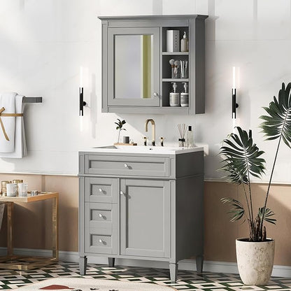 30" Bathroom Vanity with Matching Medicine Cabinet, Modern Sink Storage Cabinet with Drawers, Soft Closing Doors and Shelf, Bathroom Vanities with Sink & Mirror