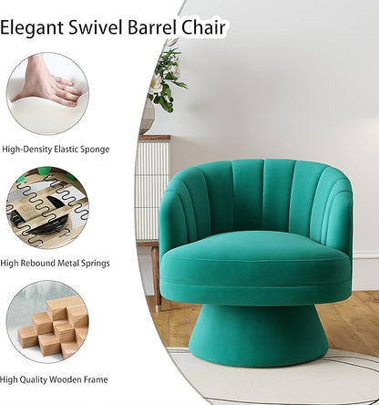 Swivel Accent Chair,Upholstered Velvet 360° Swivel Barrel Chair for Living Room Overstuffed Bouncle Reading Chair Round Armchair for Bedroom,Vanity,Office (Dark Green)