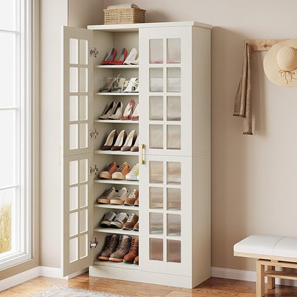 Tribesigns 70-Inch Tall Shoe Cabinet with Doors, 8-Tier Shoe Storage with Adjustable Shelves, Modern Shoe Organizer Shoe Rack Cabinet for Entryway, Hallway, Closet, Living Room, White and Gold