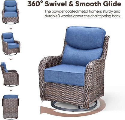 Swivel Patio Chairs sofa Set of 5 with 6" Thick Cushion - Wicker Outdoor Swivel Rocker Patio Chair with Side Table, High Back Comfortable Outdoor Glider Chairs - Brown Wicker | Blue Cushions