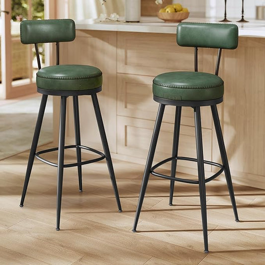 VASAGLE EKHO Collection - Bar Stools Set of 2, Swivel Bar Height Bar Stools with Back, Synthetic Leather with Stitching, Mid-Century Modern, 30-Inch Tall Barstools for Kitchen Home Bar, Forest Green