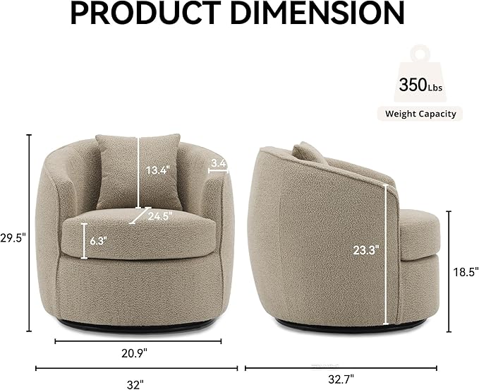 Swivel Accent Chair, Modern Upholstered Boucle Barrel Arm Chairs with Pillow for Living Room, 360 Degree Round Swivel Sherpa Armchair with Round Base for Bedroom Club (1, Light Brown)