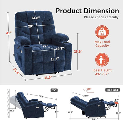MCombo Power Lift Recliner Chair with Extended Footrest for Elderly People, Fabric 7281 (Navy Blue, Small)