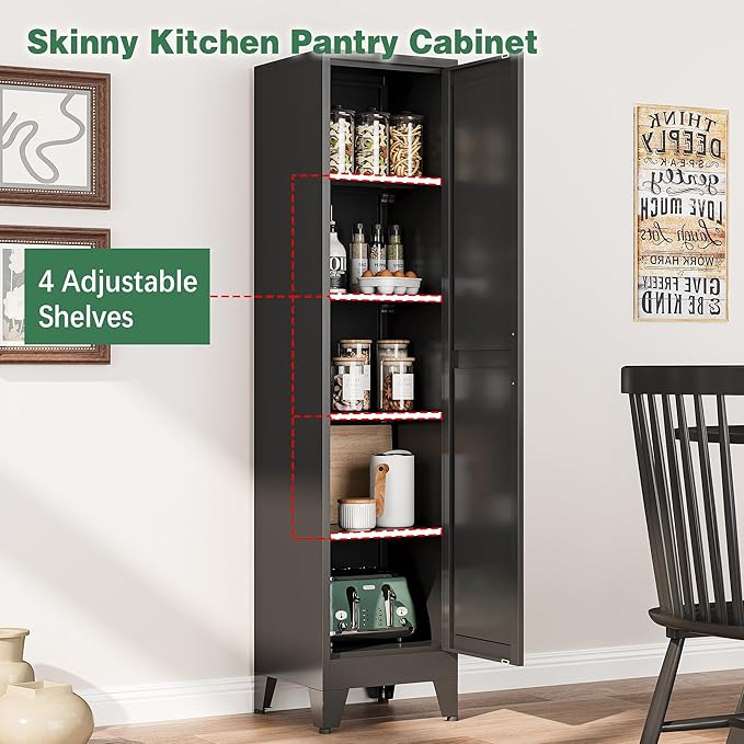 Tall Narrow Storage Cabinet, 67" Single Door Metal Storage Locker Cabinet, Freestanding Tall Kitchen Pantry Cabinets for Small Space