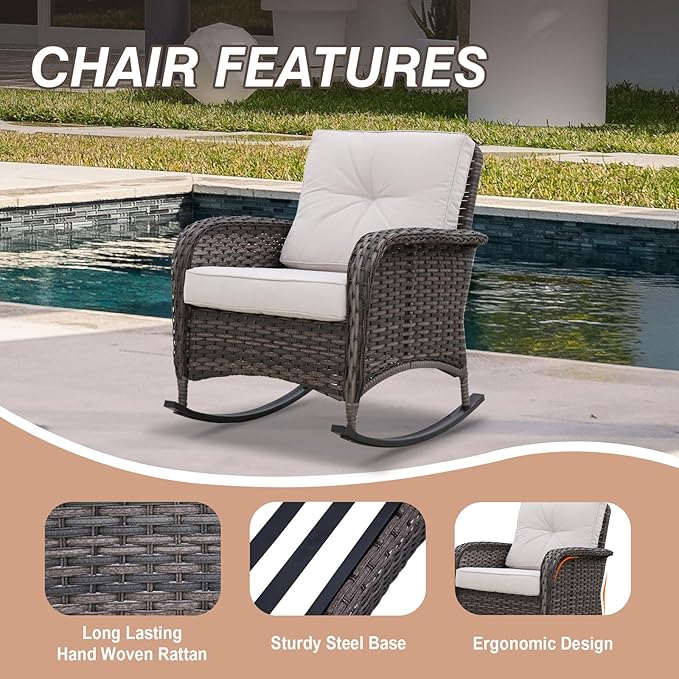 COOS BAY Vintage Courtyard Patio Furniture Set, Wicker Outdoor Furniture, Patio Conversation Sets, 2 Rocking Chairs, Loveseat, Coffee Table and Side Table, 5 Pieces, Gray/Beige