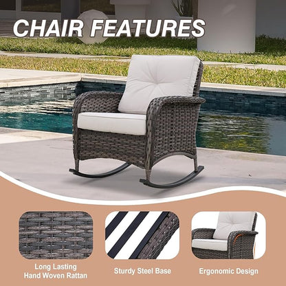 COOS BAY Vintage Courtyard Patio Furniture Set, Wicker Outdoor Furniture, Patio Conversation Sets, 2 Rocking Chairs, Loveseat, Coffee Table and Side Table, 5 Pieces, Gray/Beige