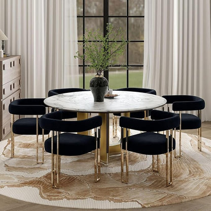 Set of 6 Black and Gold Modern Dining Chairs, Velvet Upholstered Barrel Armchairs with Metal Legs for Kitchen Island, Mid Century Accent Chairs for Dining Room Living Room, Open-Back