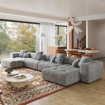 JACH 183.5 Inch U-Shaped Modular Sectional Sofas, Modern 4-Seater Couch with Chaise Ottomans, Mid Century Modern Sectional Couches, Cozy Sleeper Sofa for Living Room (Linen Fabric, Grey)