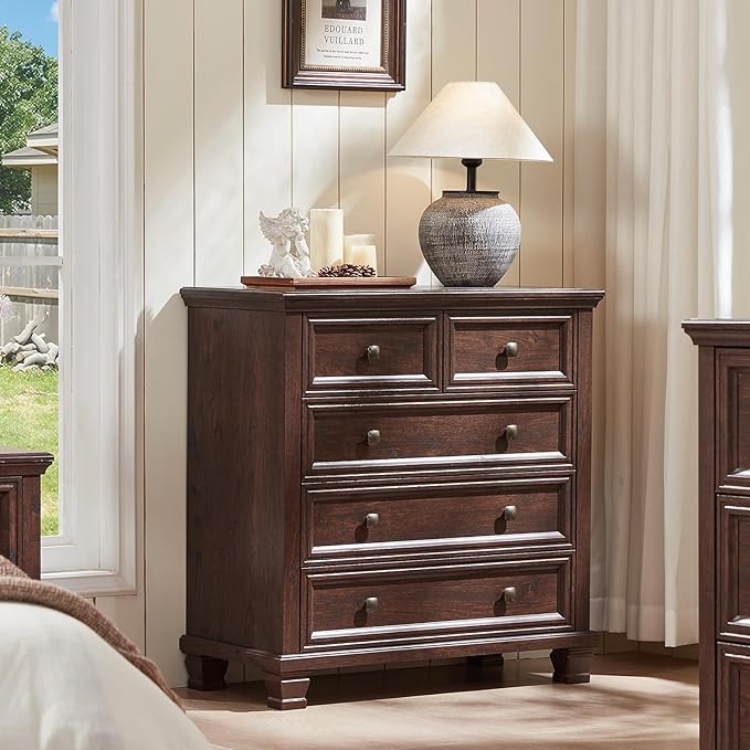 Farmhouse Bedroom Dresser and Nightstand Set of 4, 6 Drawer Low & 5 Drawers Dresser & 3 Drawer Nightstand Set with Wooden Legs, Rustic Wood Bedroom Furniture for Livingroom, Hallway, Walnut