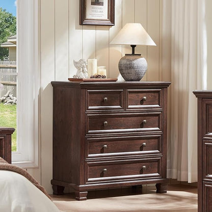 Farmhouse Bedroom Dresser and Nightstand Set of 4, 6 Drawer Low & 5 Drawers Dresser & 2 Drawer Nightstand Set, Rustic Wood Bedroom Furniture Set for Livingroom, Hallway, Walnut