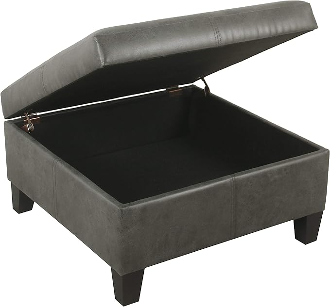 HomePop Faux Leather Square Storage Ottoman with Wood Legs, Pewter Gray
