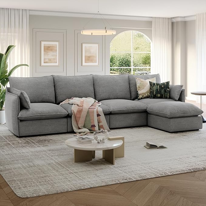 124" Cloud Modular Sectional Sofa, Waterproof Down Filled Sectional Couch, High Backrest L Shaped 4 Seater Couch with Ottoman, Modern Modular Sofas with Removable Cover, Dark Gray