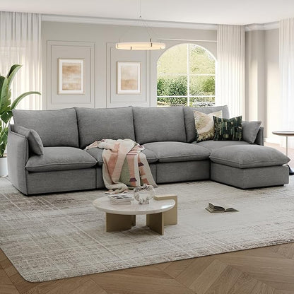 124" Cloud Modular Sectional Sofa, Waterproof Down Filled Sectional Couch, High Backrest L Shaped 4 Seater Couch with Ottoman, Modern Modular Sofas with Removable Cover, Dark Gray