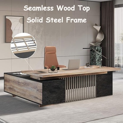 78.7 Inch Large Executive Desk with Drawers Cabinet, L Shaped Office Desk, Computer Desk with Universal Charging Ports and Cable Management for Business Furniture Set Workstation for Home Office