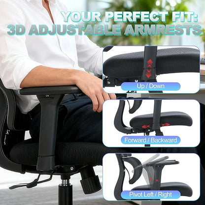 Ergonomic Office Chair with Adjustable Headrest & 3D Armrests, High Back Mesh Desk Chair with Lumbar Support, Reclining Lock 97°-125°, Swivel Computer Task Chair for Home Office, 300 LBS
