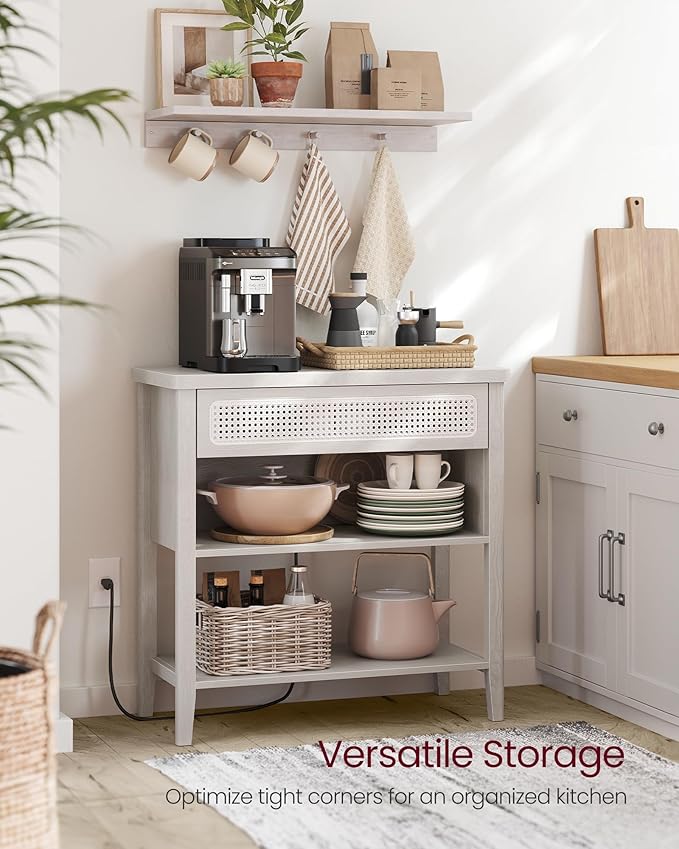 VASAGLE Console Table with Power Outlets, Entryway Table with Storage Shelf, Sofa Table with Drawer, Open Compartment, Rounded Corners, for Living Room, Boho Style, Oatmeal Beige ULNT140K66
