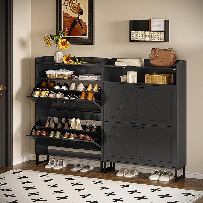 Shoe Storage Cabinet with 2 Flip Drawers, Narrow Wood Shoe Cabinet Storage for Entryway with Metal Legs & Hooks, Adjustable Shelves, Freestanding Shoe Rack Organizer for Foyer, Hallway, Black