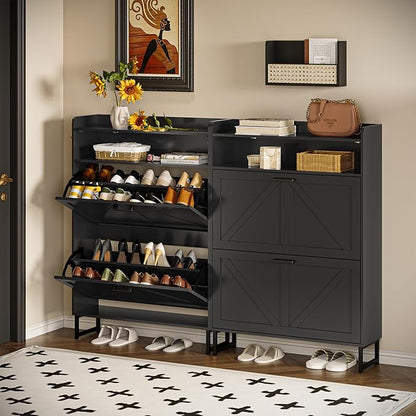 Shoe Storage Cabinet with 2 Flip Drawers, Narrow Wood Shoe Cabinet Storage for Entryway with Metal Legs & Hooks, Adjustable Shelves, Freestanding Shoe Rack Organizer for Foyer, Hallway, Black