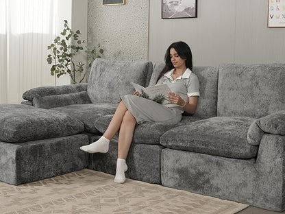 EASE MOOSE Boneless Modular Cloud Couch, U-Shaped Oversized Sectional Sofa for Living Room with Ottoman, Extra Large Movable Couches, 6-Deep-Seat Sofas for Bedroom, Apartment, Chenille (Grey)