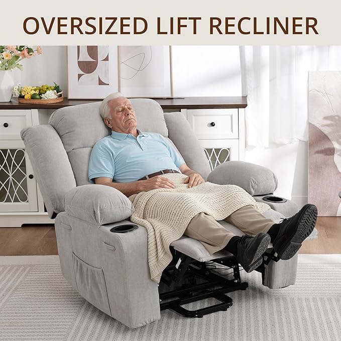 Dual Motor Power Lift Recliner for Elderly, Large Electric Lift Recliner with Massage and Heat, Cup Holders, Side Pocket, Fabric(Light Grey)