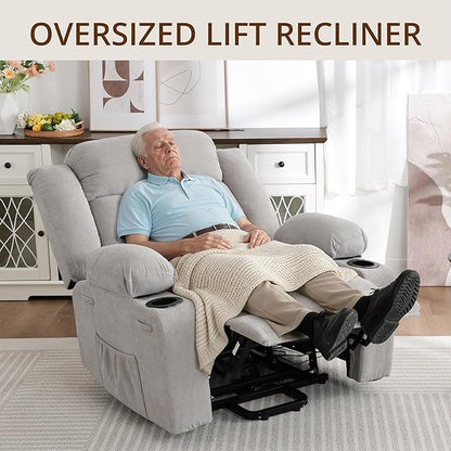 Dual Motor Power Lift Recliner for Elderly, Large Electric Lift Recliner with Massage and Heat, Cup Holders, Side Pocket, Fabric(Light Grey)