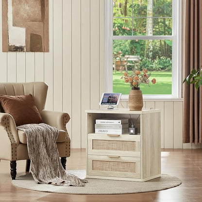 LEYAOYAO Rattan Nightstands with Charger Station, 23" Wide Boho Night Stand with 2 Drawers, Grey White Bedside Table Open Shlef, Bed Side End Table Dresser for Bedroom, Living Room Hallway