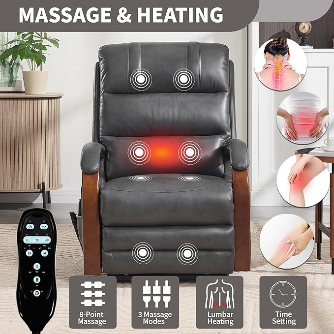 Dual Motor Recliner Lift Chair with Heat and Massage, Heavy Duty Leather Power Lift Recliner Chair Idea Gifts for Seniors, Stand Assistance, Grey