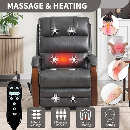 Dual Motor Recliner Lift Chair with Heat and Massage, Heavy Duty Leather Power Lift Recliner Chair Idea Gifts for Seniors, Stand Assistance, Grey