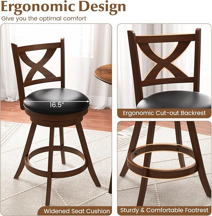 COSTWAY Bar Stools Set of 4, 24 Inch Classic Counter Height Chairs with X-Shaped Open Back, 4 PCS Swivel Barstool Set for Kitchen Island, Pub, Bistro, Café, Espresso (4, 24 Inch)