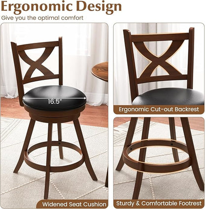 COSTWAY Bar Stools Set of 4, 24 Inch Classic Counter Height Chairs with X-Shaped Open Back, 4 PCS Swivel Barstool Set for Kitchen Island, Pub, Bistro, Café, Espresso (4, 24 Inch)
