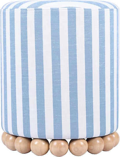 First of a Kind Ottoman Foot Rest - Pastel Blue Round Ottoman Stool with Solid Wood Spherical Orbs - 15.7" W x 15.7" D x 18.3" H - Handmade, Easy Clean, 330 lbs Weight Capacity