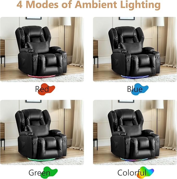Power Swivel Rocker Recliner Chairs, Electric Wall Hugger Reclining Sofa with Massage & Heat, Comfy Theater Seating Single Chair with LED Light/USB/Type-C Ports (Leather Black, Set of 2)