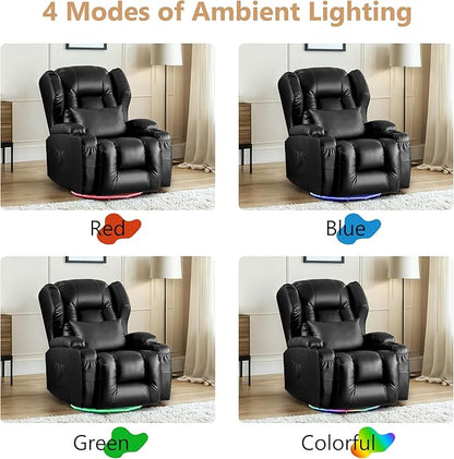 Power Swivel Rocker Recliner Chairs, Electric Wall Hugger Reclining Sofa with Massage & Heat, Comfy Theater Seating Single Chair with LED Light/USB/Type-C Ports (Leather Black, Set of 2)