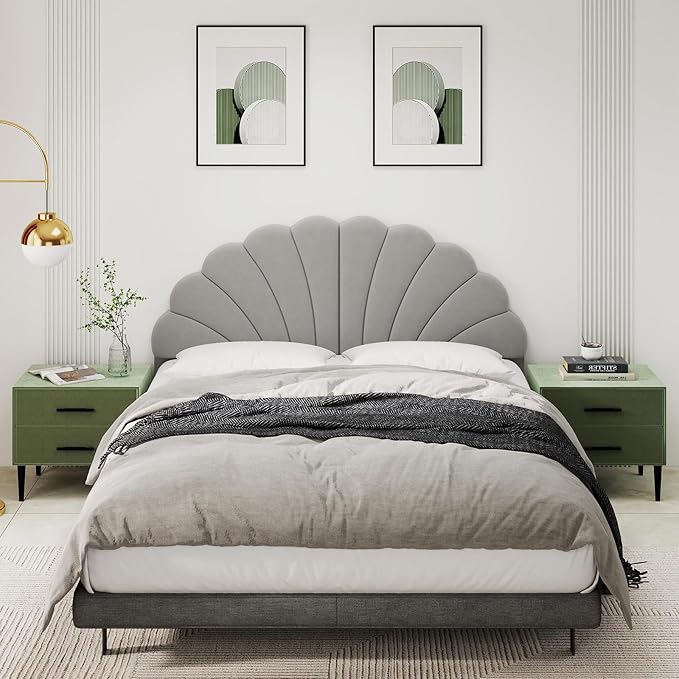 Queen Size Headboard Only, Petal Wall Mount Headboard Queen/Full Size for Adjustable Bed Velvet Upholstered Head Board Easy Assembly, Gray