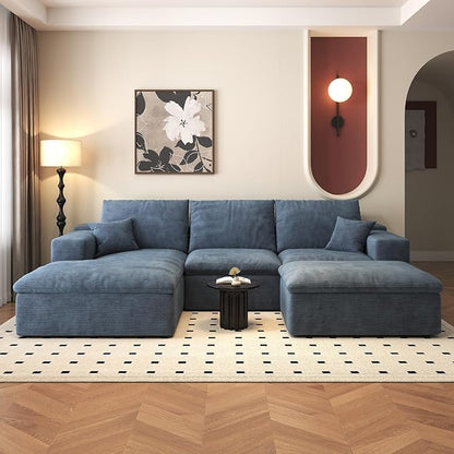 107'' U-Shaped Modern Modular Sectional Cloud Couch Whit Ottoman, 4-Seat Chenille Deep-Seat Sofa with Pillow for Living Room, Bedroom, Apartment, Ocean Blue