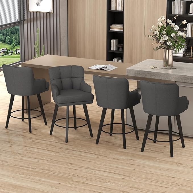 360°Swivel Counter Height Bar Stools with Back, 26 inch Solid Wood Legs, Bar Stool Modern Kitchen Island Chairs, Fabric (Black Grey- Fabric, 26" H- Set of 4)