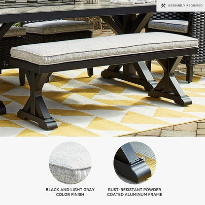 Signature Design by Ashley Beachcroft Casual Nuvella Weather Resistant Fabric Outdoor Bench with Cushion, Light Gray & Black
