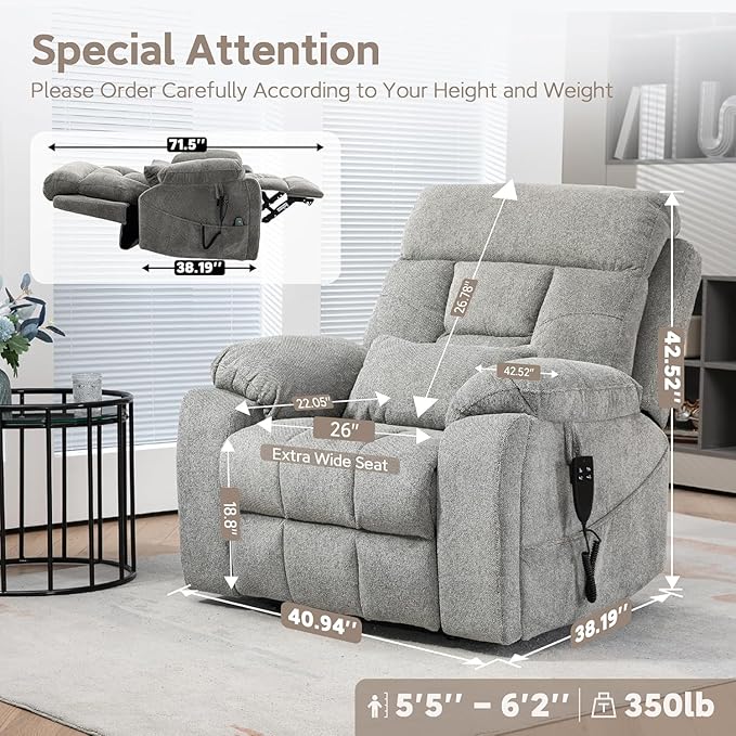 Large Power Lift Chairs Recliners for Elderly with Heated and Massage, Lazy Boy Recliner Chair with 26in Extra Wide Seat, Hidden Cup Holder, Side Pocket