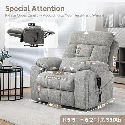 Large Power Lift Chairs Recliners for Elderly with Heated and Massage, Lazy Boy Recliner Chair with 26in Extra Wide Seat, Hidden Cup Holder, Side Pocket
